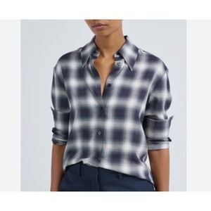 GO by GoSilk Washable Silk Button-Down Shirt – Blue Gray Plaid, Size L
